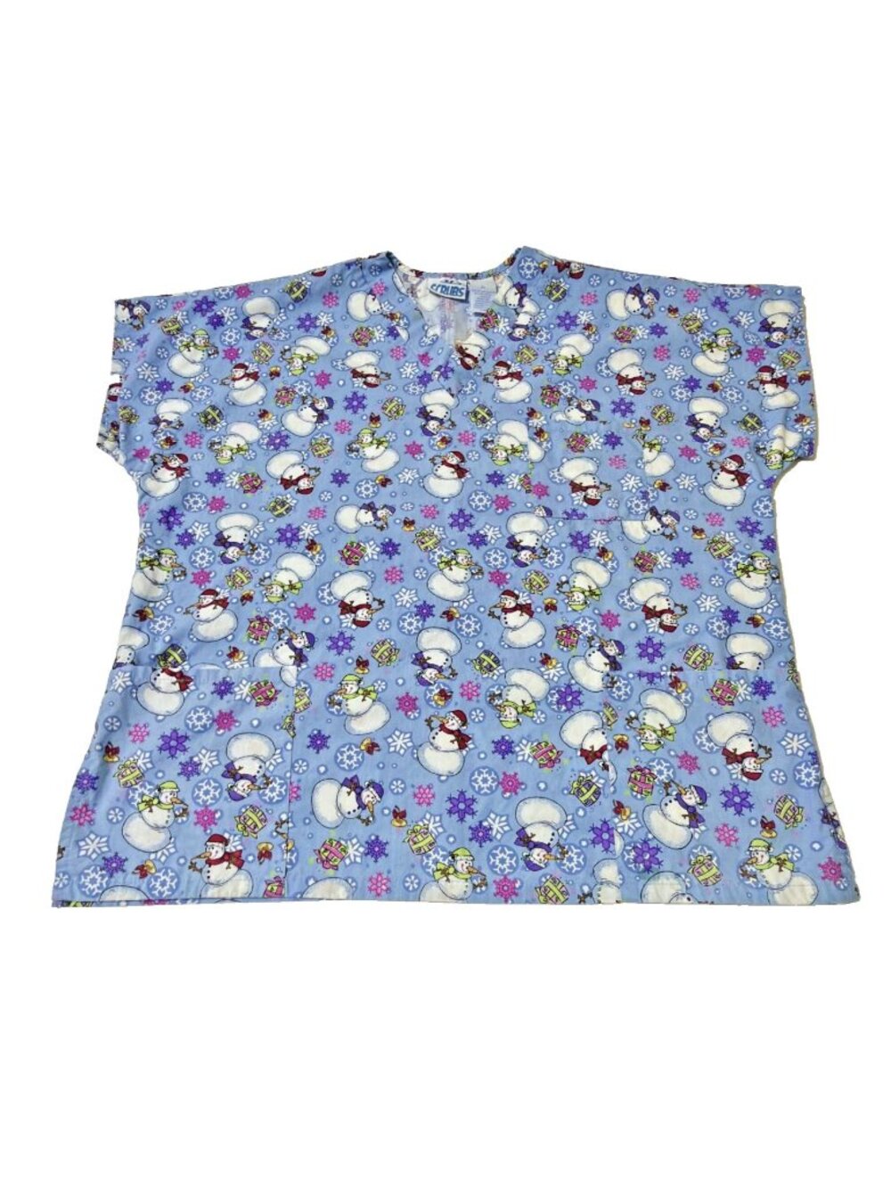 JLT Scrubs Womens Medical Uniform Top Size 2X Snowman Snowflake Cotton/Polyester
